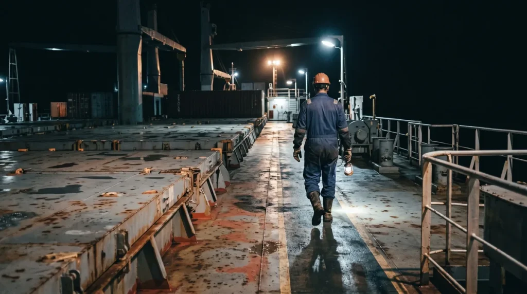 A crew member on deck during a night watch