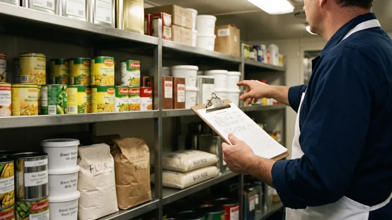 Ілюстрація. Кухар перевіряє запаси продуктів у коморі